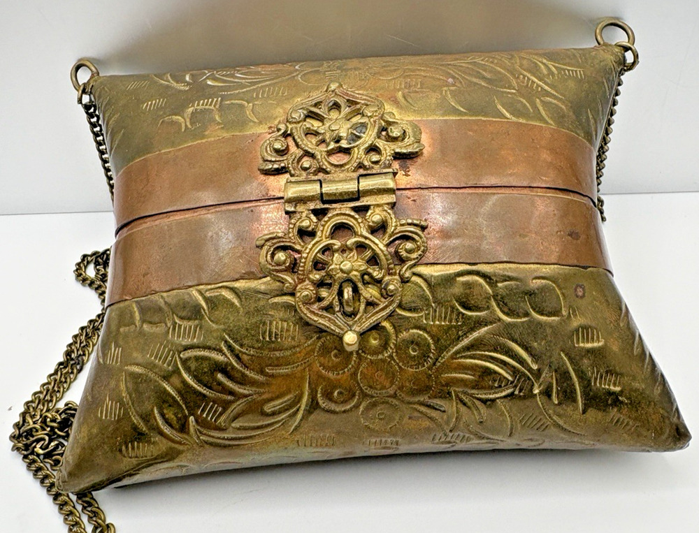 Pillow Purse Brass Copper Victorian Style Art Deco Metal Handbag Vintage Velvet